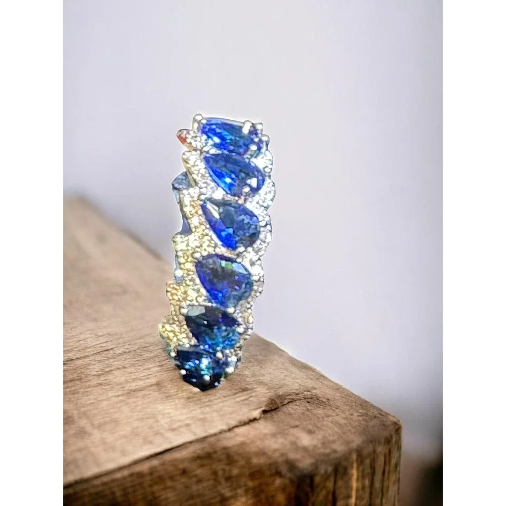 Blue Crystal Pear Cut‎ Eternity Band Ring Silver Tone Costume Jewelry Size 8